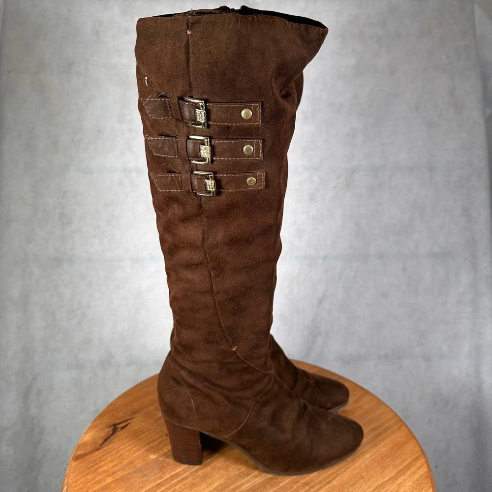 Kathy Van Zeeland Tall Boots Women 7 Brown Fair Buckle Block Heel Faux Suede